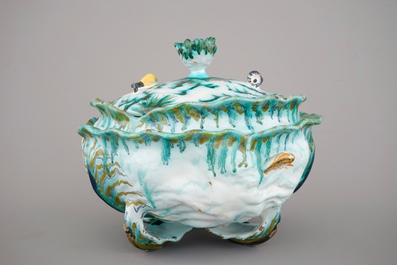 A Brussels faience cabbage shaped tureen and cover, 18th C.