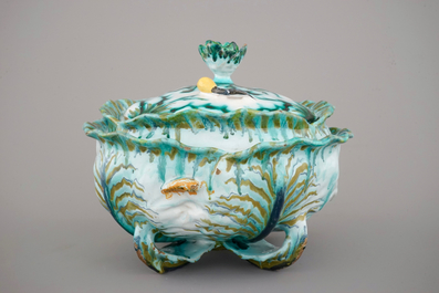 A Brussels faience cabbage shaped tureen and cover, 18th C.