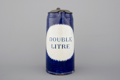 A tall Brussels faience double liter pewter-mounted beer stein, ca. 1800