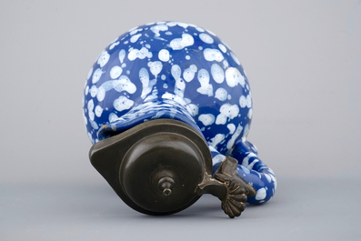 A rare Nevers pewter-mounted jug in "Bleu Persan" style, 17th C.