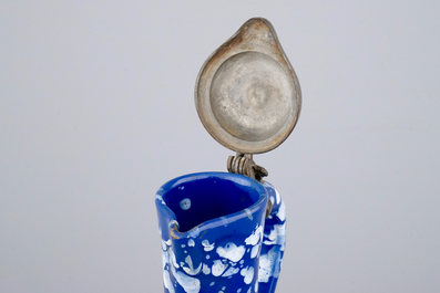 A rare Nevers pewter-mounted jug in "Bleu Persan" style, 17th C.