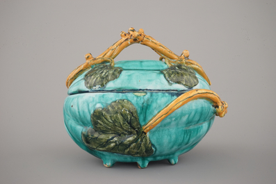 A fine Brussels faience turquoise ground melon-shaped tureen and cover, 18th C.