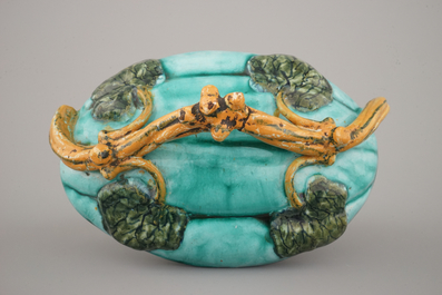 A fine Brussels faience turquoise ground melon-shaped tureen and cover, 18th C.