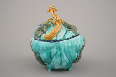 A fine Brussels faience turquoise ground melon-shaped tureen and cover, 18th C.