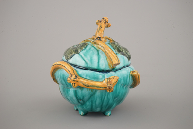 A fine Brussels faience turquoise ground melon-shaped tureen and cover, 18th C.