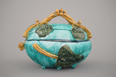 A fine Brussels faience turquoise ground melon-shaped tureen and cover, 18th C.