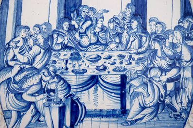 A massive dated Amsterdam Delftware plaque with "The wedding at Cana", ca. 1743