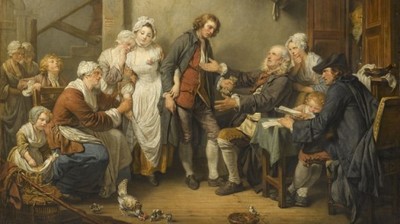 A large porcelain group, L'accordee du village, 19/20th C., after J-B Greuze