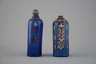 Two rare German painted blue glass flasks, 18th C.