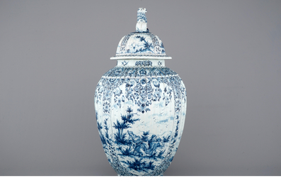 A massive Dutch Delft blue and white vase and cover, ca. 1800