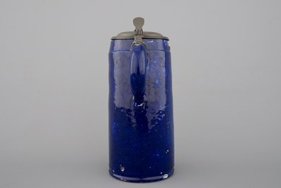 A tall Brussels faience double liter pewter-mounted beer stein, ca. 1800