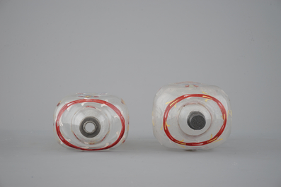 Two German painted glass flasks, 18th C.