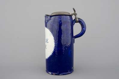 A tall Brussels faience double liter pewter-mounted beer stein, ca. 1800