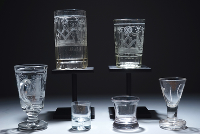A lot of 6 engraved masonic subject glasses, freemasonry, 20th C.