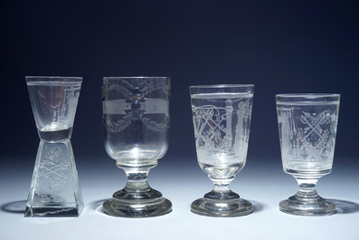 A lot of 4 engraved masonic glasses (freemasonry), 20th C.