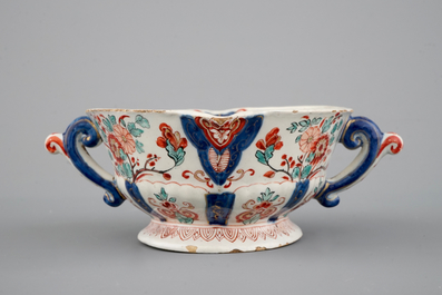 A rare Dutch Delft dor&eacute; two-handled sauceboat, 18th C.