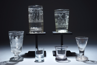 A lot of 6 engraved masonic subject glasses, freemasonry, 20th C.