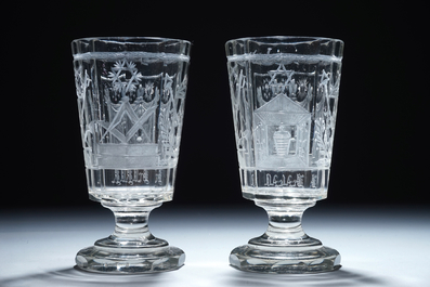 2 engraved masonic subject glasses, freemasonry, 20th C.