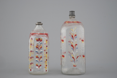 Two German painted glass flasks, 18th C.