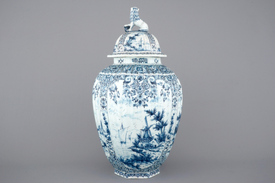 A massive Dutch Delft blue and white vase and cover, ca. 1800