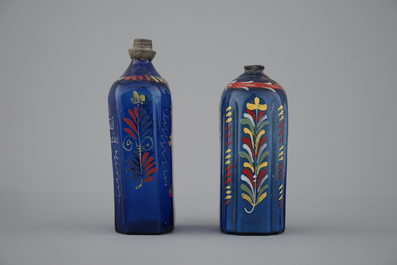 Two rare German painted blue glass flasks, 18th C.