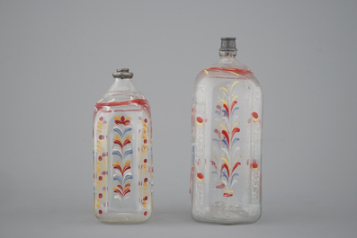 Two German painted glass flasks, 18th C.