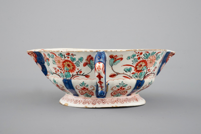 A rare Dutch Delft dor&eacute; two-handled sauceboat, 18th C.