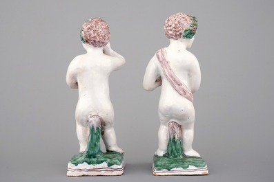 Fa&iuml;ence de Bruxelles, deux figures all&eacute;goriques des saisons, 18/19&egrave;me