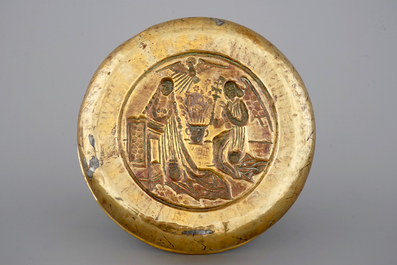 A large Nuremberg brass alms bowl showing "The Annunciation, 16th C.