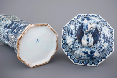 A massive blue and white Delft vase and cover, early 19th C.