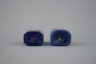 Two rare German painted blue glass flasks, 18th C.