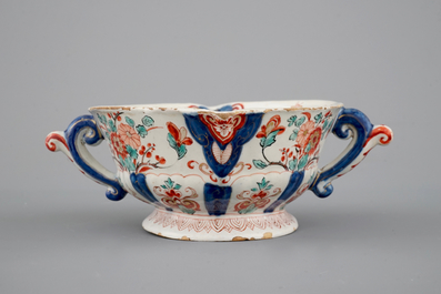 A rare Dutch Delft dor&eacute; two-handled sauceboat, 18th C.