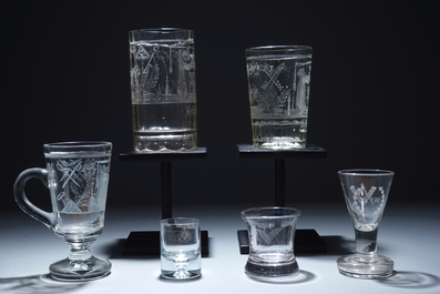 A lot of 6 engraved masonic subject glasses, freemasonry, 20th C.