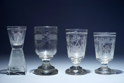 A lot of 4 engraved masonic glasses (freemasonry), 20th C.