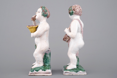 Fa&iuml;ence de Bruxelles, deux figures all&eacute;goriques des saisons, 18/19&egrave;me