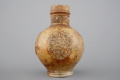A Raeren armorial stoneware jug, ca.1600