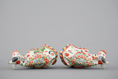 A pair of petit feu polychrome Dutch Delft cows, 18th C.
