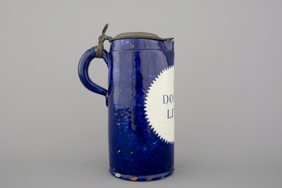A tall Brussels faience double liter pewter-mounted beer stein, ca. 1800