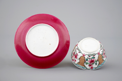 A ruby back semi-eggshell porcelain cup and saucer, Yongzheng