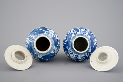 A pair of blue and white vases and covers, Kangxi, ca. 1700