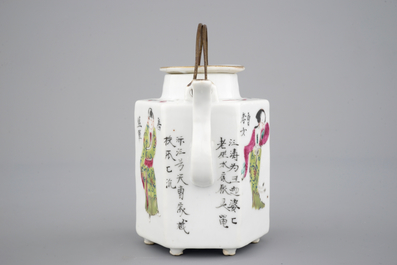 A Chinese hexagonal teapot with scenes from Wu Shuang Pu, 19th C.