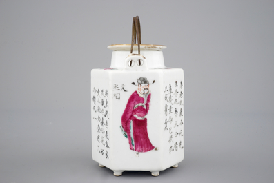 A Chinese hexagonal teapot with scenes from Wu Shuang Pu, 19th C.