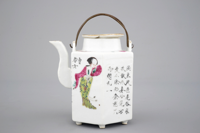 A Chinese hexagonal teapot with scenes from Wu Shuang Pu, 19th C.