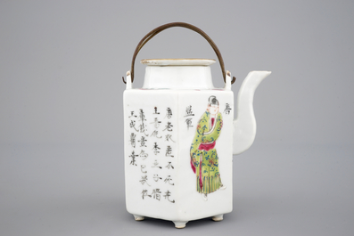 A Chinese hexagonal teapot with scenes from Wu Shuang Pu, 19th C.