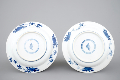 A pair of Chinese blue and white European market plates depicting the sense of smell, Kangxi, ca. 1700