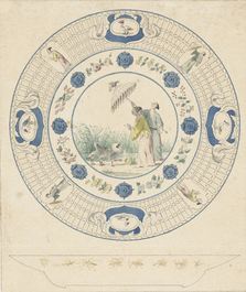 A Chinese famille rose dish after Cornelis Pronk: "Dames au parasol", ca. 1736-1738