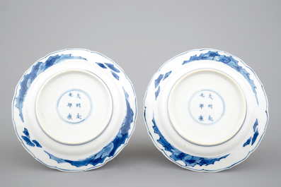 A pair of small Chinese blue and white plates decorated with boys on cranes, Kangxi, ca. 1700