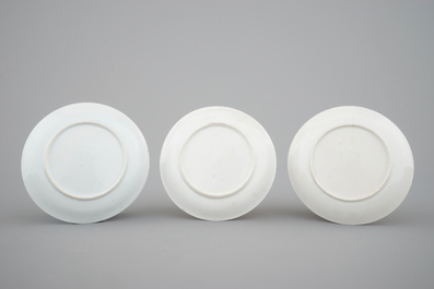 Three Chinese famille rose saucers with cocks, Yongzheng, 1722-1735