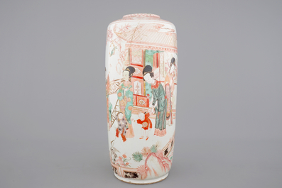 A large Chinese porcelaine famille verte, iron red and gilt rouleau vase, Kangxi, ca. 1720