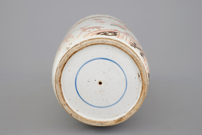 A large Chinese porcelaine famille verte, iron red and gilt rouleau vase, Kangxi, ca. 1720